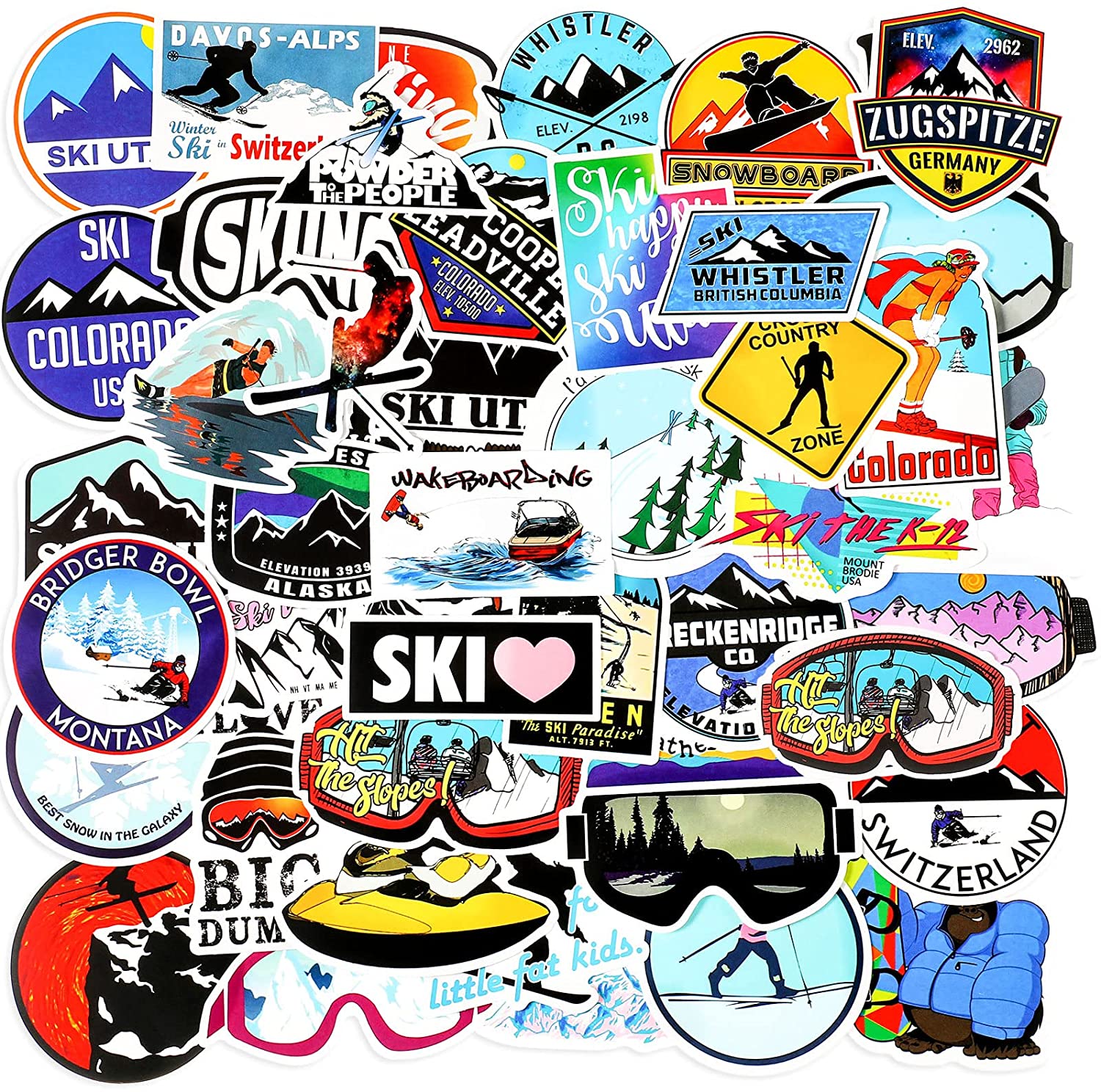 100 Piece Vinyl Skiing Stickers Ski Helmet Stickers Snowboard Stickers Colorful Waterproof Skiing Sports Decals Packs for Teens Adults Laptop Water Bottles Skateboard Bike Car Luggage 