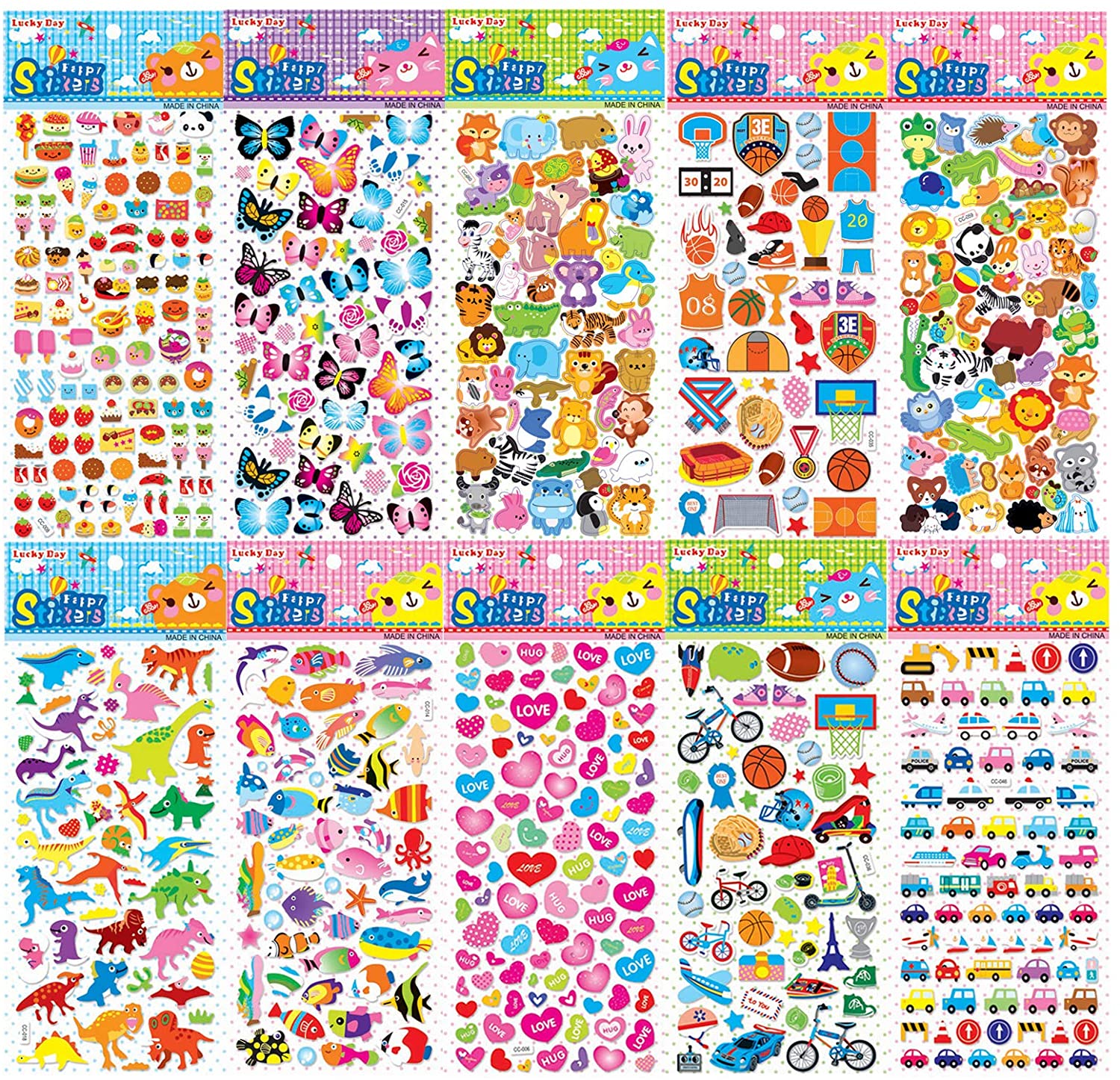 JCF 3D Puffy Stickers Self Adhesive and Children 24 Different Sheets Stickers Including Animals Dinosaurs Cars Hearts Fruits Numbers for DIY Crafts Scrapbooking and Rewarding 