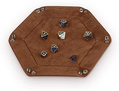 Blue Kimairy DND Metal Dice Tray Dice Folding Hexagon Tray Leather Dice Holder Velvet Rolling Storage Tray for Dice Games RPG DND Other Table Games and Candy Holder Storage Box 