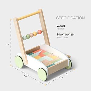 ROBUD Wooden Baby Push Walker for Boy Girls, Baby Learning Walking Toys,  with Wooden Building Block