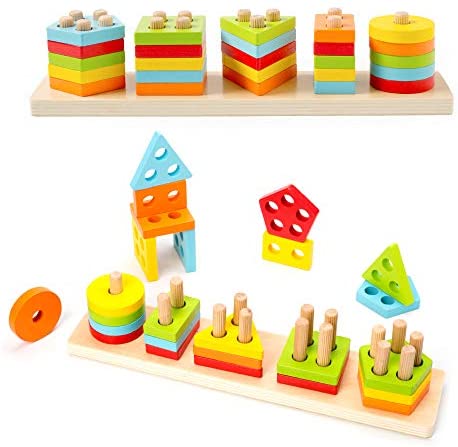 Wooden 3 Rods Geometry Blocks Stacking Game Color Shape Sorting Children Toy 