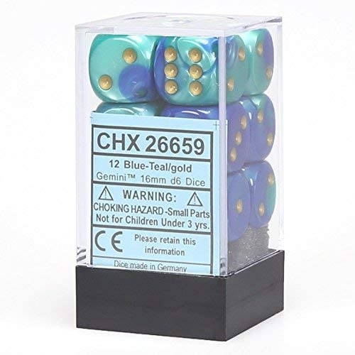 12 16mm Six Sided Die Gemini Purple & Teal with Gold Chessex Dice d6 Sets 