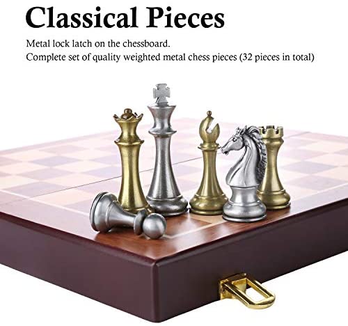 Wooden Folding Travel Chess Board with Metal Pieces Chess Board Game for Adults and Kids Metal Chess Set 