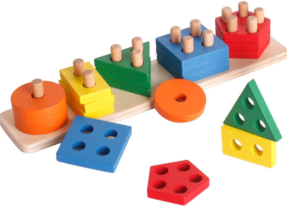 Wood Math Teaching Puzzle Educational Counting Toy Shape Sorter Stacking Blocks Toddlers Preschoolers Kids Numbers Learning Toys Wooden Puzzles Shape Color Recognition Geometric Board Blocks Stack Sort Montessori Toys for 3 4 5 Year Old Boys Girls 