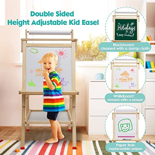 Boys and Girls Numbers and Other Accessories for Kids,Tollders D·Lone Wooden Kids Easel Art Easel with Paper Roll Double-Sided Whiteboard & Chalkboard Standing Easel with Bonus Magnetics Wooden 