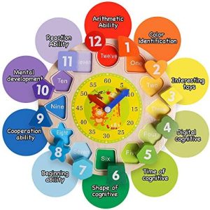 Teaching Time Clock Shape Sorting Number Blocks Early Learning Wooden 
