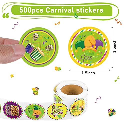 1000 Pieces Mardi Gras Stickers for Kids Round Seal Stickers Label Roll Clowns Crowns Beads Stickers Party Favors for Goodie Bag Scrapbook Hilarious Festive Style Decorations 
