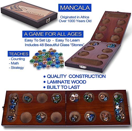 RNK Gaming Mancala Board Game with Folding Wooden Board and Colorful Glass Beads