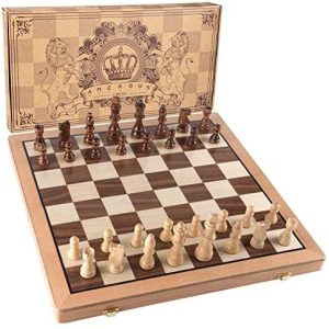 2 Extra Queens Folding Board Amerous 15 Inches Magnetic Wooden Chess Set 