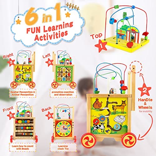 Wooden Baby Walker With Bead Maze For 1 Year Old And Up, Wood