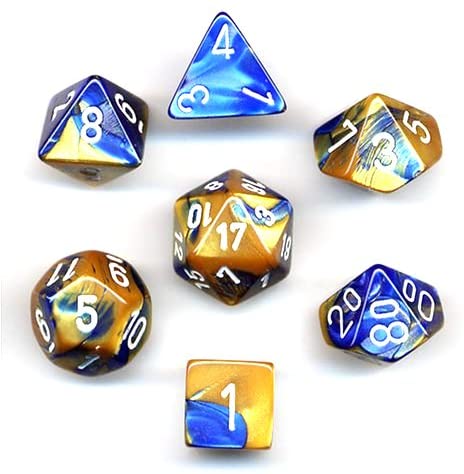 DICE Chessex Gemini BLUE/GOLD 7-Dice Set Marble Shiny d20 d6 26422 