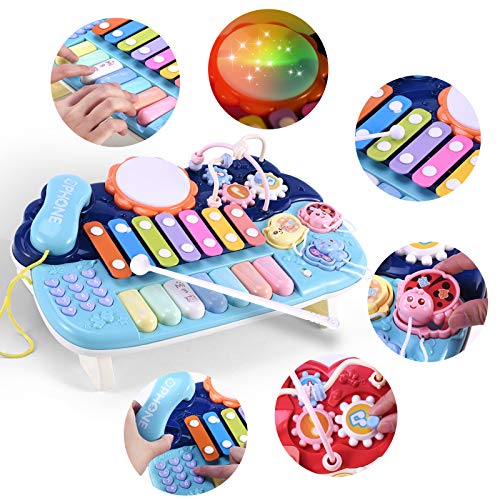 Blue Baby Musical Toys Mucial Toys for Toddlers 1-3 Learning Toys for 1 2 3 Years Old Boys Girls Toddlers Kids Best Educational Gifts Drum toy set with Phone Bead Maze Gear Xylophone Piano