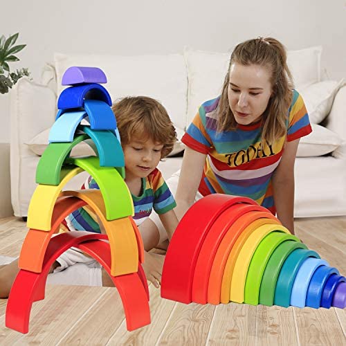 Details about   12-Piece Wooden Rainbow Stacker Nesting Puzzle Tunnel Stacking Game for Kids 