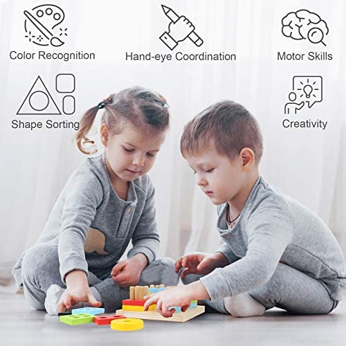 KIDS TOYLAND Wooden Educational Toys for Toddlers 97 in Wooden Shape Color Sorting Preschool Stacking Blocks Toddler Puzzles Toys Birthday Gifts for Age 1 2 3 4 Boys and Girls 