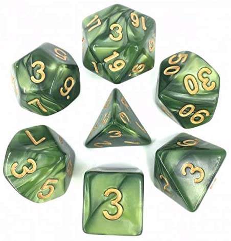 Pearl Polyhedral Dice Set of 7 w/ Bag of Holding for TRPG D&D Dungeons & Dragons Green w/ Gold Numbers 