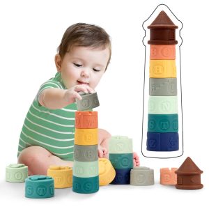 Baby Blocks 15PCS with Toddlers Sensory Balls-Soft Stacking Blocks Colorful Montessori Toys for Babies 6-12 Months and up Educational Developing Infants Teething Toys with Numbers Animals Shapes 