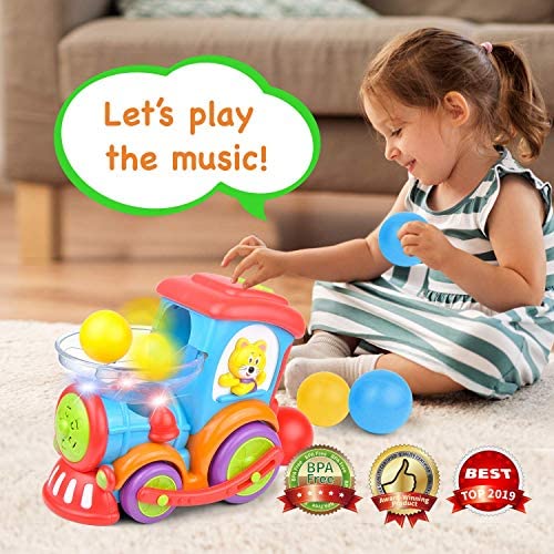 Kidpal Baby Toy Ball Popping Educational Toddler Train Toys for 1 2 3 Year Old Boys Girls Light Music Chase Ball Popper Bump Ball Baby Car Toy for 12M 16M 18M 24M