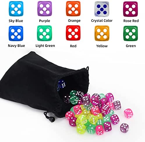 100 PC 6 Sided Dice Set Pouch 10 Different Colors 16mm Acrylic for Tenzi FA for sale online 
