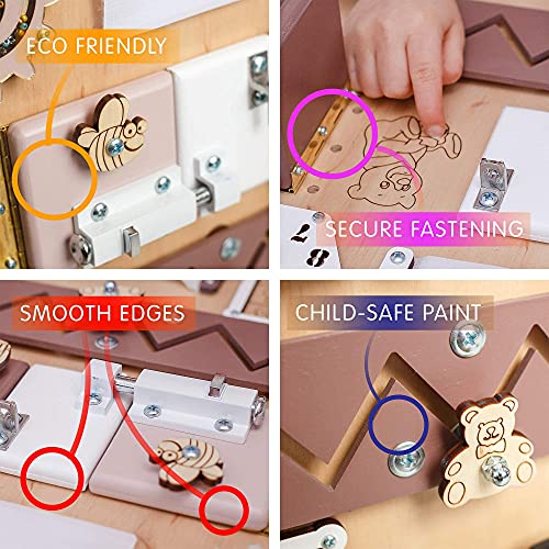 Lock Time Telling Clock Buckle Latches Wooden Handmade Baby Sensory Activity Boards with Keys Multicolored Travel Car Plane Montessori Toys Toddler Busy Board Bear for 1 2 3 Year Old 