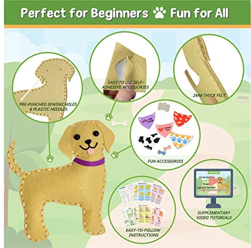 Learn to Sew Kit 7-12 DIY Crafting and Sewing Set Dog Stuffed Animal Felt Plushie for Girls and Boys Educational Beginners Sewing Set Feltcolor Puppy Craft Kit for Kids 