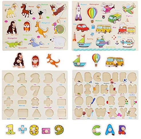3 Set Knob Puzzles Wooden Peg Puzzles Set Alphabet ABC Numbers 123 Vehicles Wood Puzzles for Kids Toddlers Aged 3 