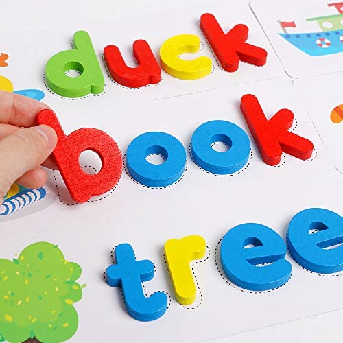 Yoego Word Spelling Practice Games,See and Spell Learning Early Education Cognitive Matching Letters with Colorful Wooden Geometric Shape Puzzle Montessori Preschool Educational Toys for Age 3+ 