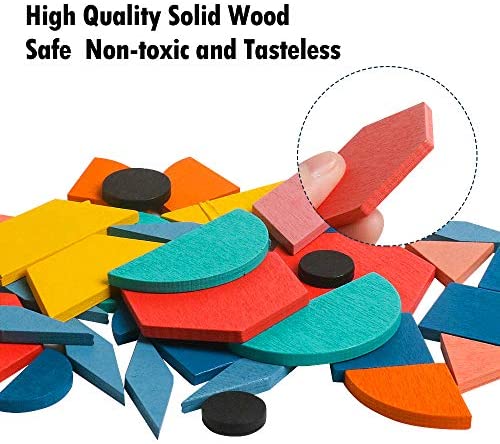 Wooden Pattern Blocks Puzzles for Toddlers Toys,180 Pcs Fun Geometric Shape Tangrams Sets Preschlool Montessori Toys for Kids Boys Girls with 24 Design Cards for Kindergarten Learning Education Gifts 