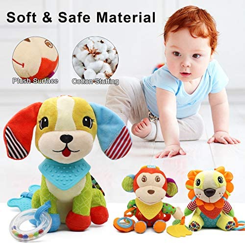 Newborn Soft Plush Animal Toywith Teethers for 0 3 6 9 to 12 Months Infant Babies Boys and Girls Dog Crib Stroller Toy C-Clip for Car Seat MARUMINE Baby Hanging Rattles Toys 