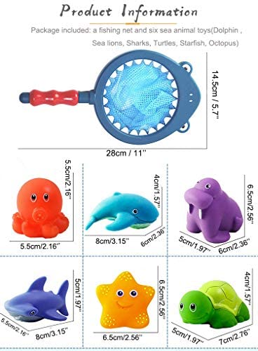 Buyockss Bath Toy with Fishing Net Sea Animals Floating Squirts Toy Beach Fishing Toys for Baby Toddlers Net Fishing Toy Squirters Fish Game in Bathtub 7 Set of Fish Game Sea Animal Toys 