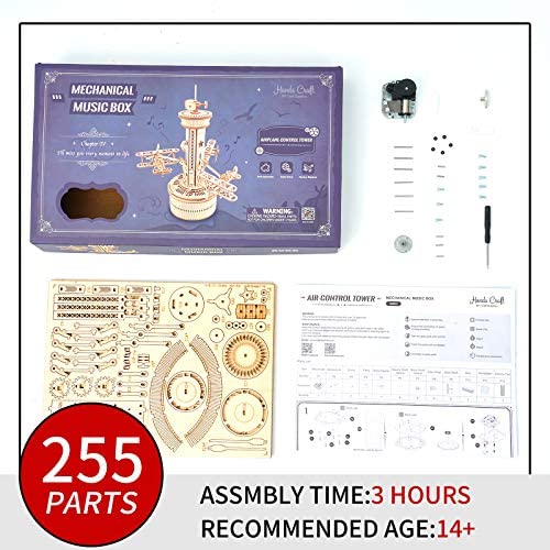 Mechanical Music Box Wooden 3D Puzzle Games DIY Toy Airplane Control Tower Model 