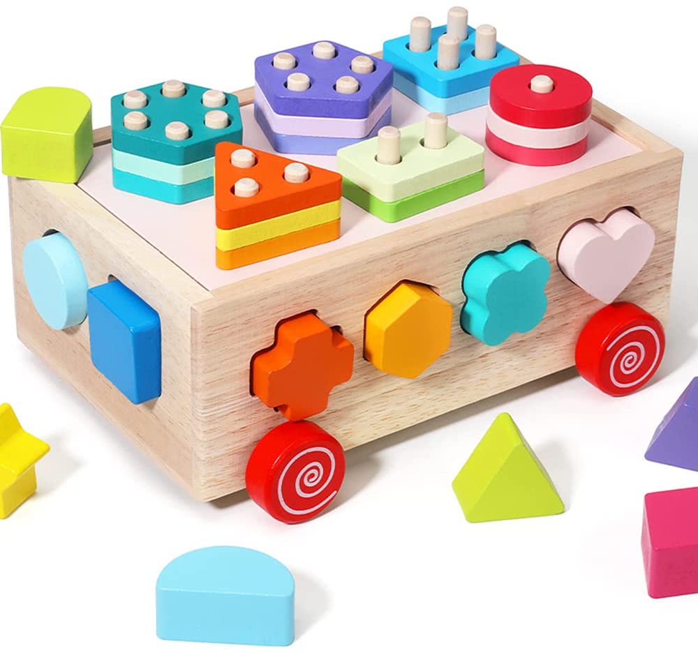 Colorful Shape Sorting Car Wooden Educational Toy for Toddler Boys & Girls 