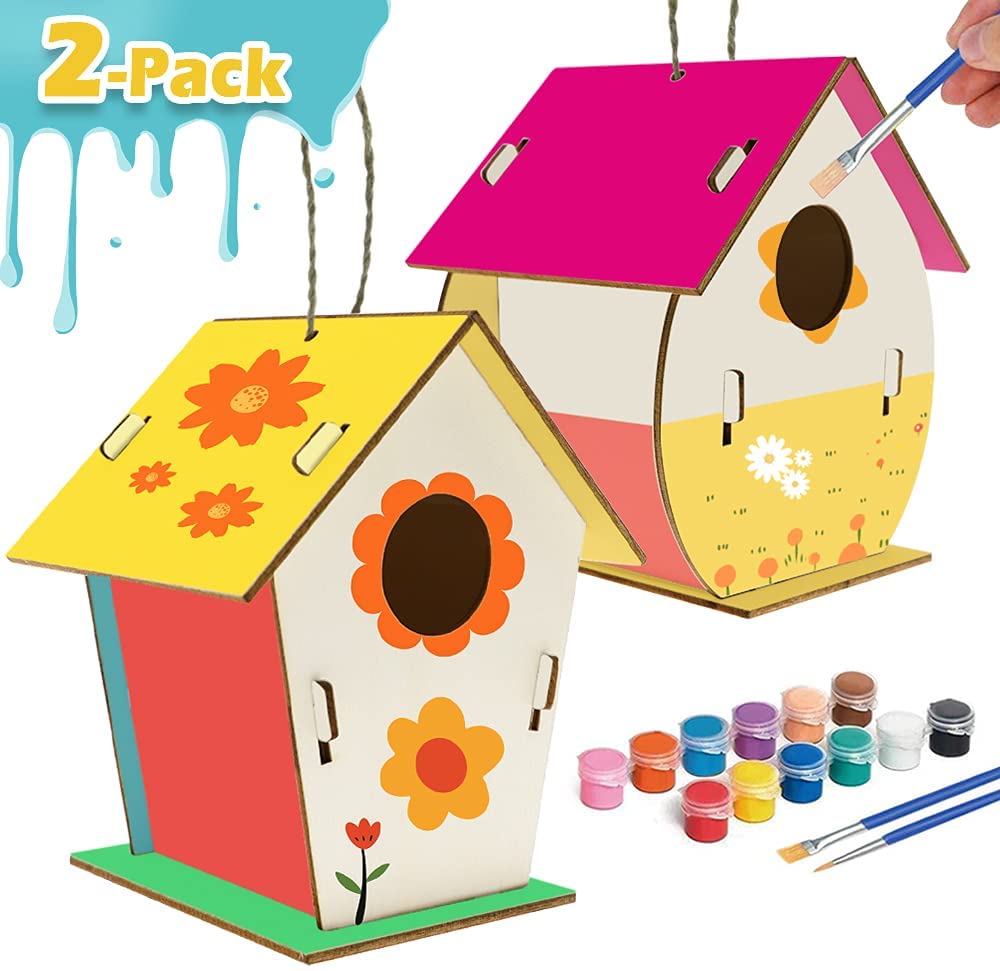 Kids House Supplies Party Favors for Age 3-5 6-8 8-12 Years Old Boys Girls 2 Pack DIY Bird Houses Craft Kit Kids Arts and Crafts Bukm Crafts for Kids Ages 4-8 Wooden Birdhouse Arts Build and Paint 