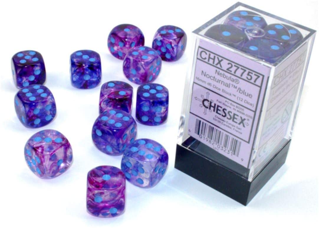 CHESSEX DADI d6 Set 16mm Nebula Blu Scuro Con Bianco pips 6 lati DIE 12 CHX 27666 
