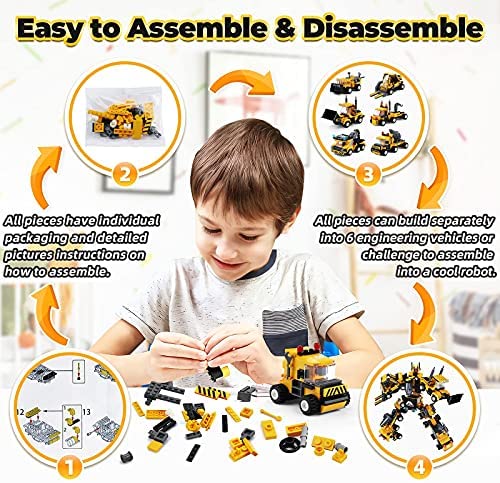 MOONTOY STEM Building Toys,718PCS Robot Building Kit for Kids 6-12,6 in 1  Engineering Building Bricks Construction Vehicle Truck Educational Toys 