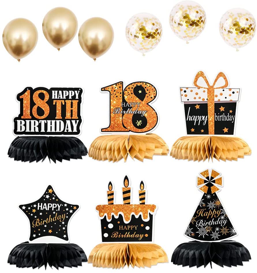 TENNYCHAOR 18 Pieces 18th Birthday Decorations, Happy 18th Birthday  Honeycomb Table Centerpieces Black and Gold Party Decorations, for 18 Years  ...