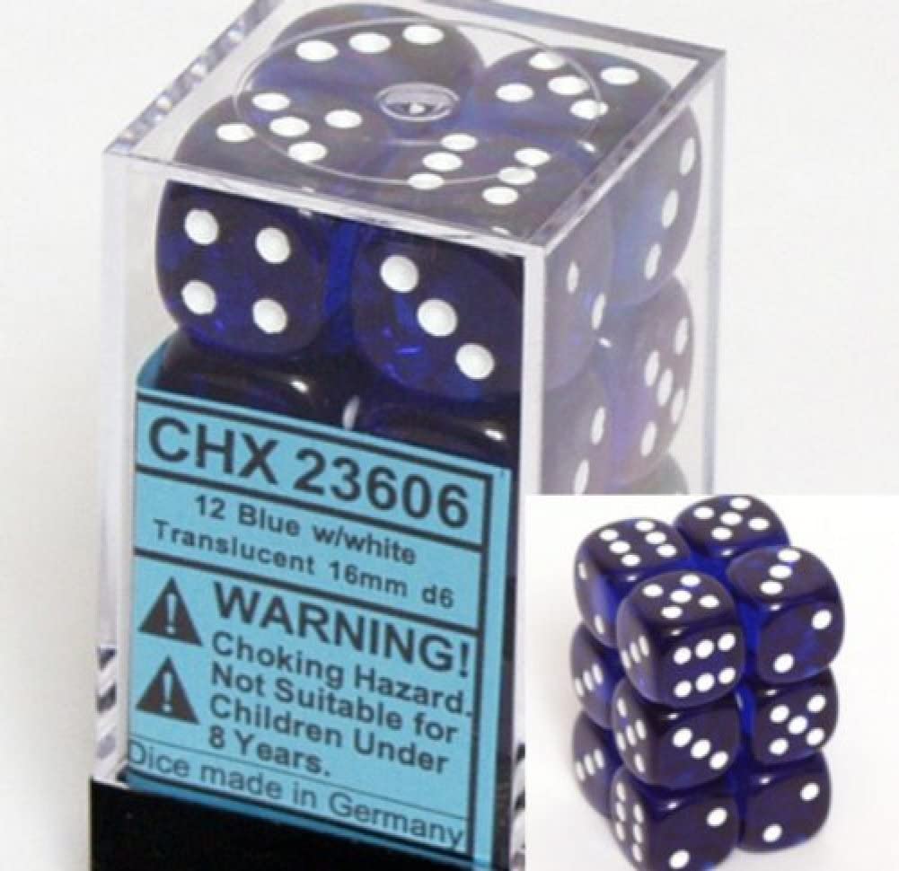 CHESSEX 12 dice set OPAQUE LIGHT BLUE w/ WHITE NEW die d6 16mm CHX25616 rpg D&D 