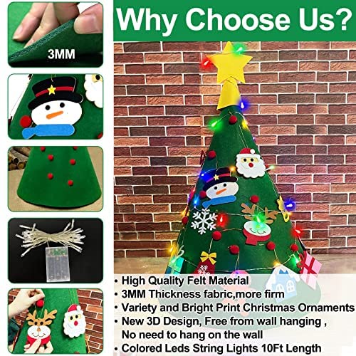 Upgraded DIY Xmas Tree With 18Pcs Hanging Ornaments & 32.8 Ft String Light New Year Christmas Children Gifts 100 LEDs For Kids Home Decoration KOBWA 3D Felt Christmas Tree 