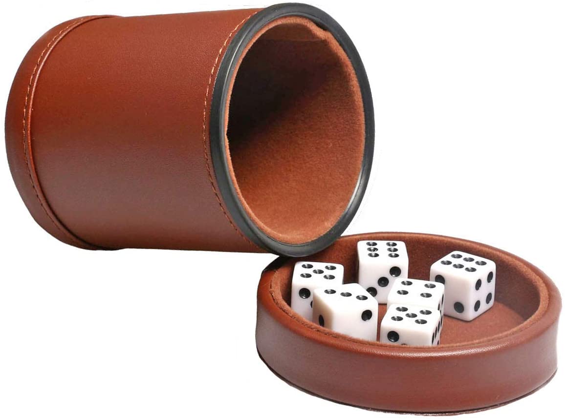 Includes Six 16mm Regular Dices PU Leather,Brown Felt-Lined with Lid Dice Cup for Yahtzee Quiet Shaker for Farkle Liars Board Games 