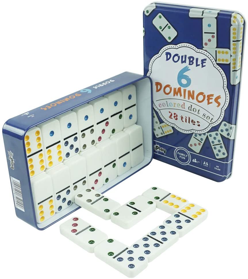 DOUBLEFAN Double 6 Color Dot Dominoes with Collector Tin Set of 28 pcs Color Dominoes Game Set 