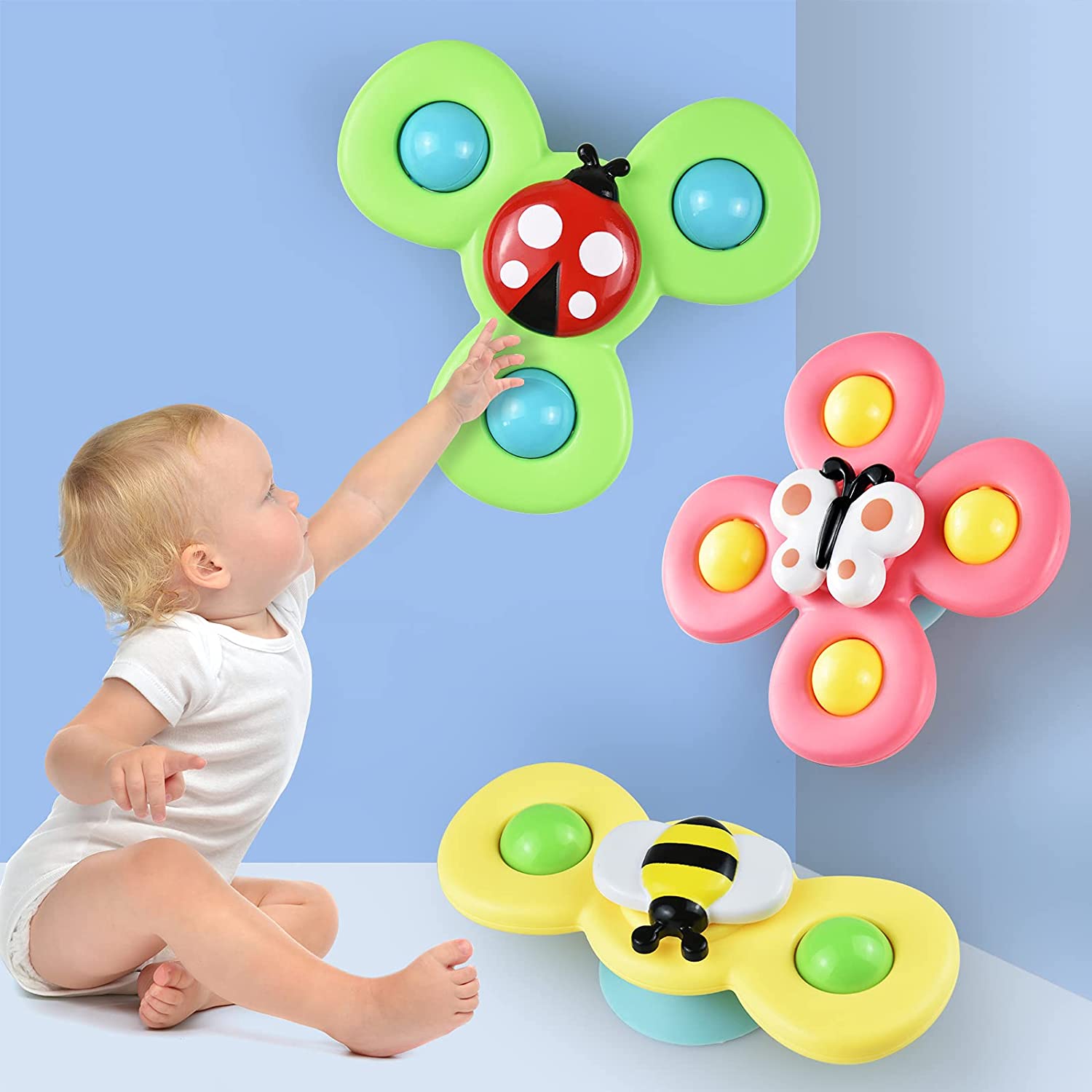Dining Table or High Chair SEPEORUL Suction Cup Spinning Top Toy 3PCs Baby Bath Toys 2021 New Baby Toys Interesting Sucker Gameplay Early Learner Toys for Bath Tub 