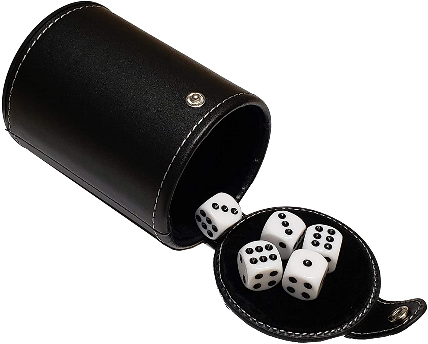 Set of 16mm Poker Dice and Black PU Leather Red Felt Lined Dice Cup with Storage Compartment Gift Boxed 