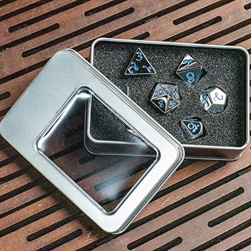 cusdie Metal Dice with Metal Box 7 PCs DND Dice for Role Playing Game Dungeons and Dragons D&D Dice MTG Pathfinder Math Teaching Polyhedral Dice Set with Dragon Font