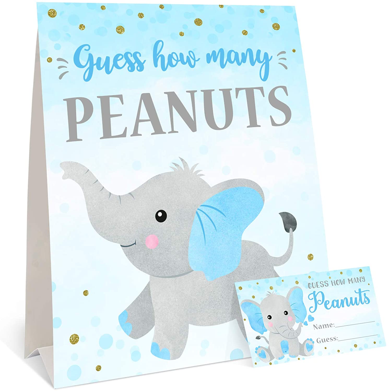 Blue Elephant Baby Shower Guessing Game How Many Peanuts are in The Jar Sign and 30 Cards Blue Polka Dots Activity Guess Game 
