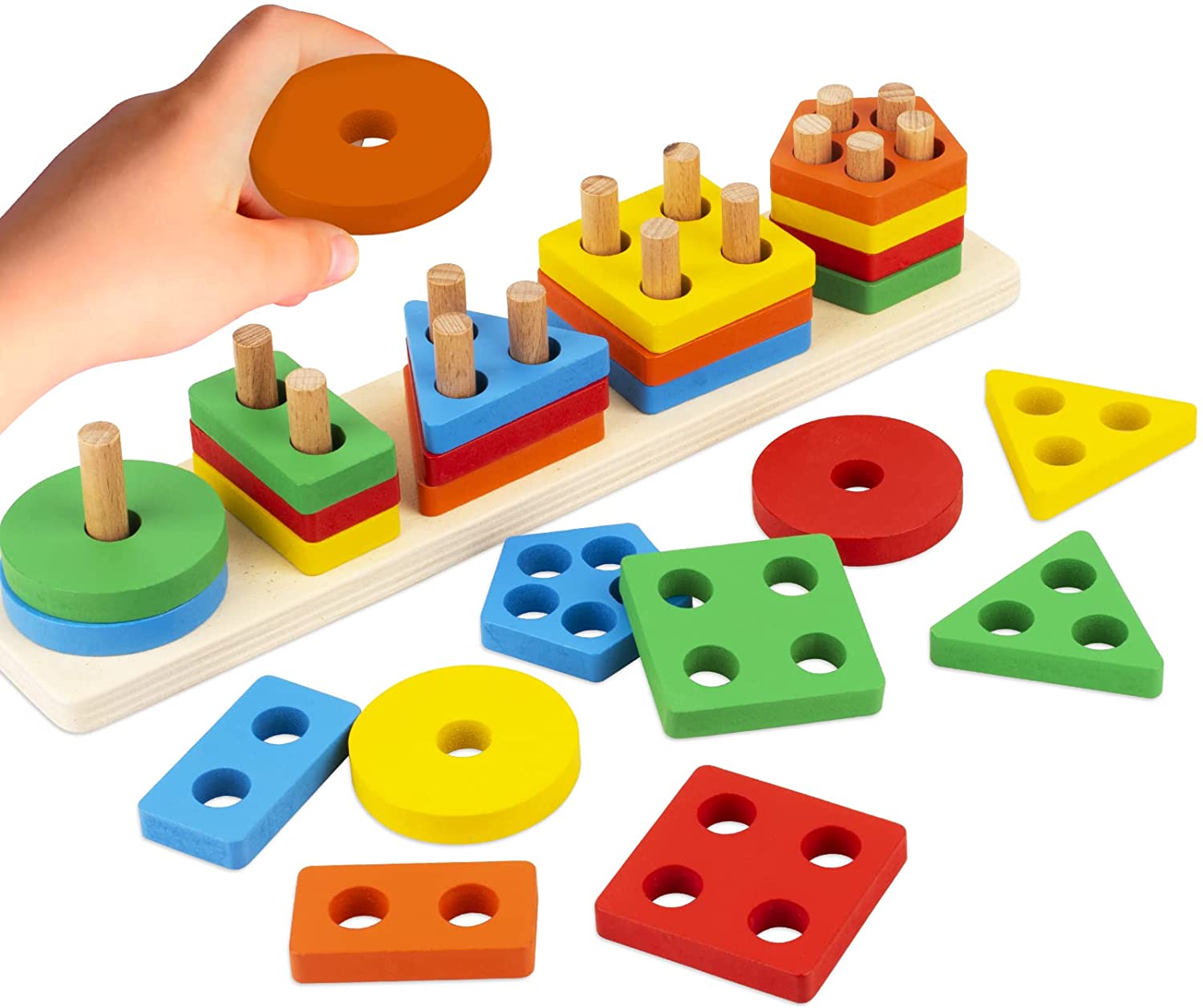 Kids Wood Learning Shape Color Recognition Board Block Stacking Sorting Toy 