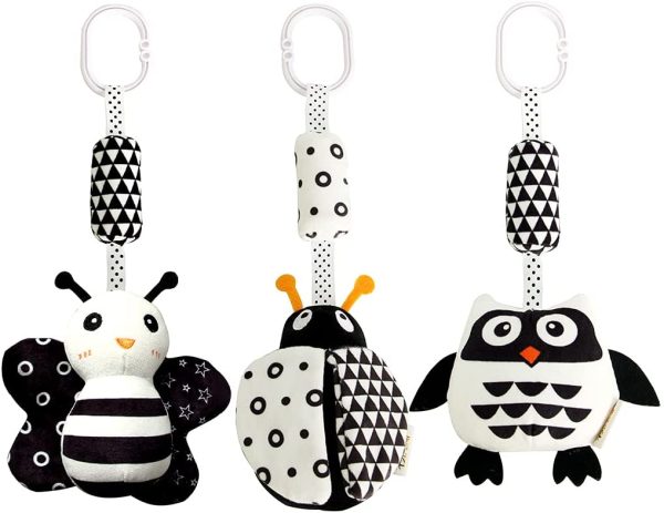 Visual and Auditory Stimulation Infant Gym/ Crib/ Stroller Hanging Toys Crinkle/Squeak and Ring 4 High Contrast Baby Toys for 0-12 Months， Black and White Plush Ring Rattles for Babies Tummy Time 
