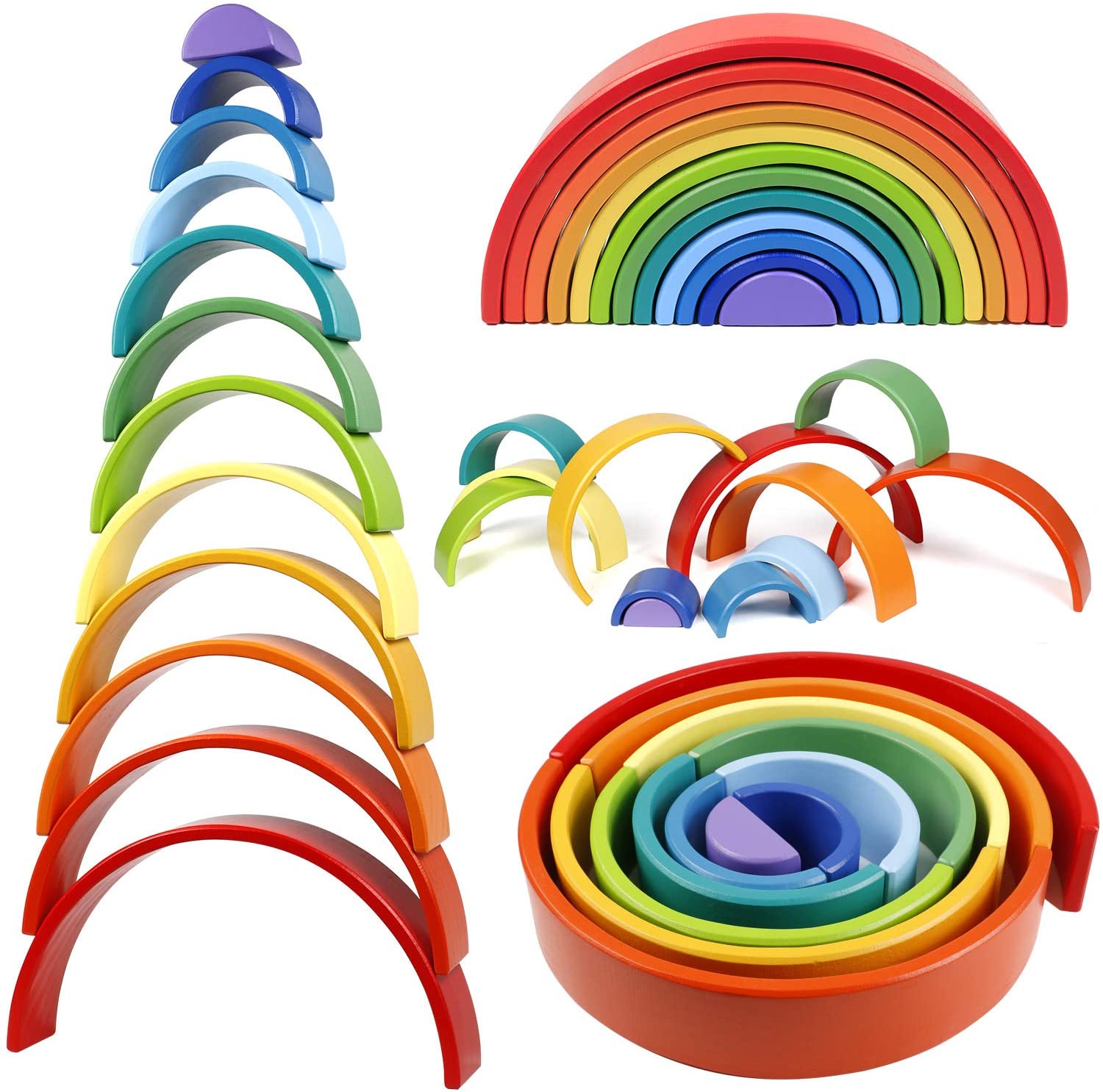 12Pcs Wooden Rainbow Stacking Blocks Fun Building Nesting Toys for Kids Boys 