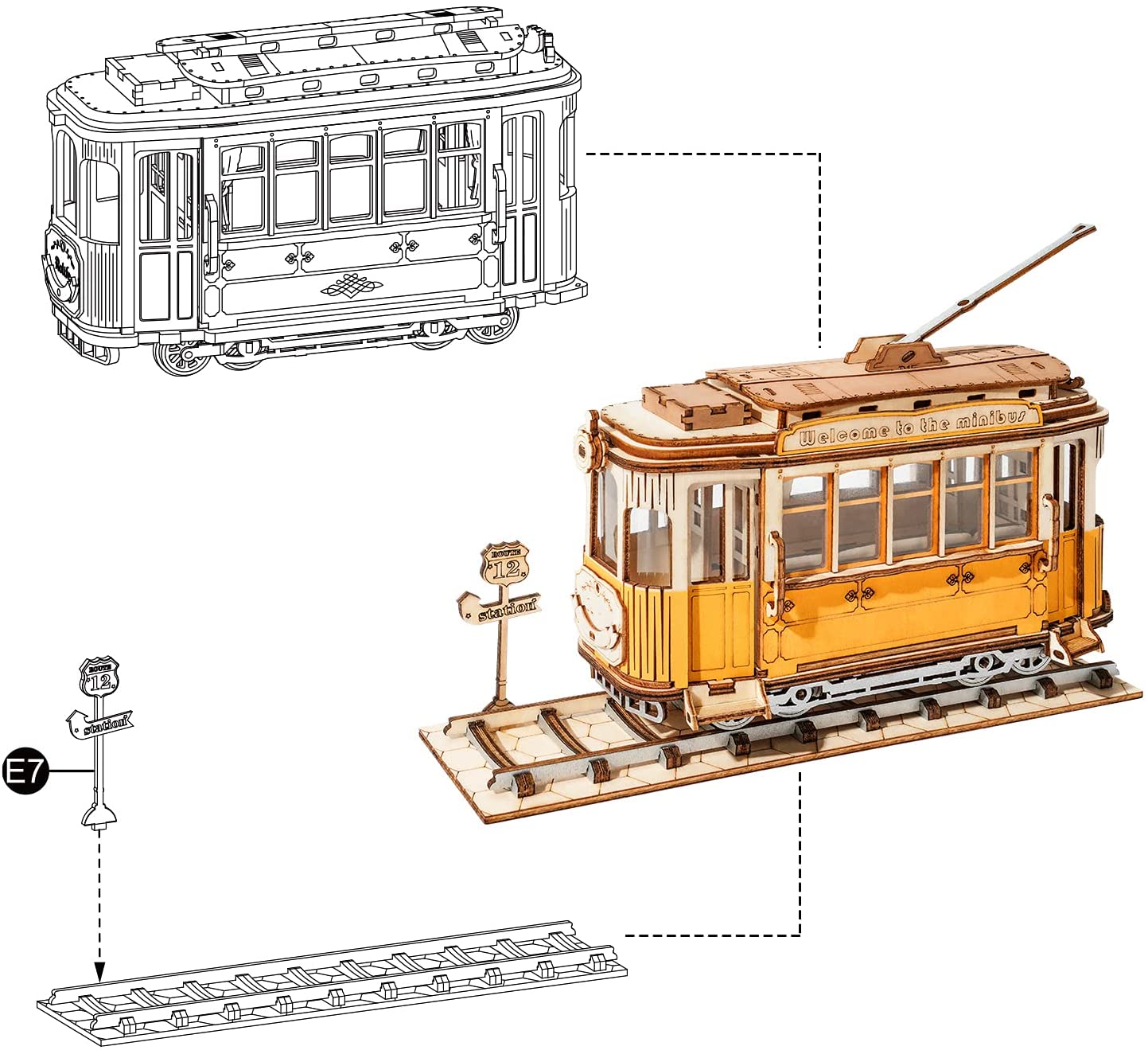 Robotime Diy Retro Tram Car Model Wooden 3D Puzzle Toys Assembly game For Gift 