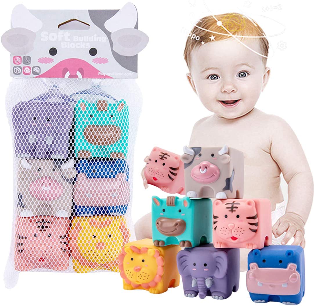 Chewable Soft Stacking Toy Squeeze Silicone Bath Toys for Infants 6-12 Months JETM·HH Baby Building Blocks 12 Pcs Number with Convenient Storage Pouch 