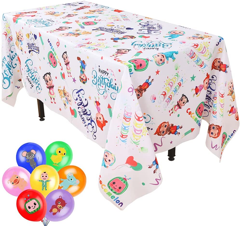 QMRYB Cartoon JJ Melon Tablecloth 60x84inch Reusable Table Cover Coco Cute Melon Themed Birthday Party Decorations Polyester Tablecloth with 7P Balloons for Kids and Baby Shower 