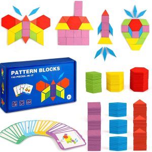LBLA 155 PCS Wooden Pattern Block Set Geometric Shape Puzzle Educational Toy for Kids Preschool Learning Montessori Tangram Toys for Boys Girls with 24 PCS Design Cards 